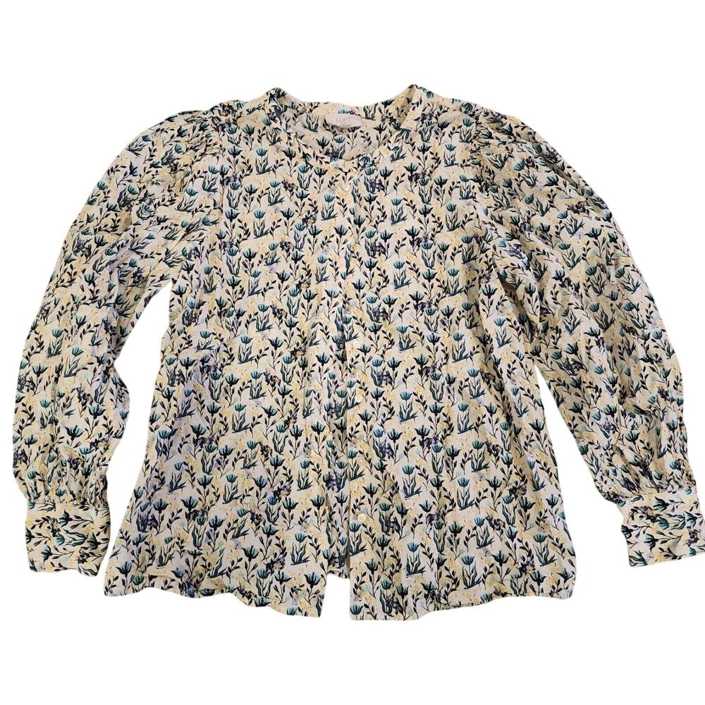 LOFT Outlet Womens Floral Button Down Blouse Teal Yellow White Long Sleeve Sz M